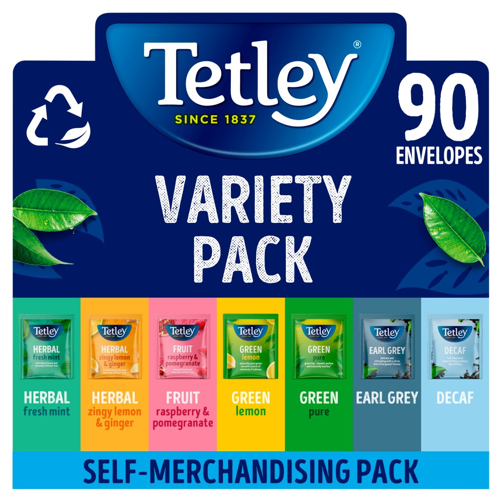 Tetley Indulgence Teabags Variety Box String & Tag Envelopes 7 Mixed Flavours 90 Bags