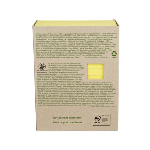 Post-it Recycled Notes 76x127mm 100 Sheets Cardboard Packaging Canary Yellow (Pack of 16) 655-1T