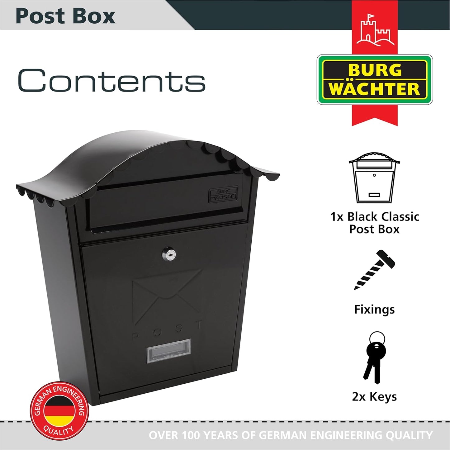Burg-Wachter Black Classic Wall Mounted Galvanised Steel Lockable Weatherproof Post Box