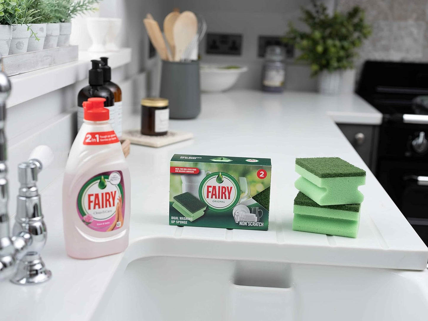 Addis Fairy Originals Non Scratch General Dual Sponge Scourer With Crystals, Pack Of 2, Green