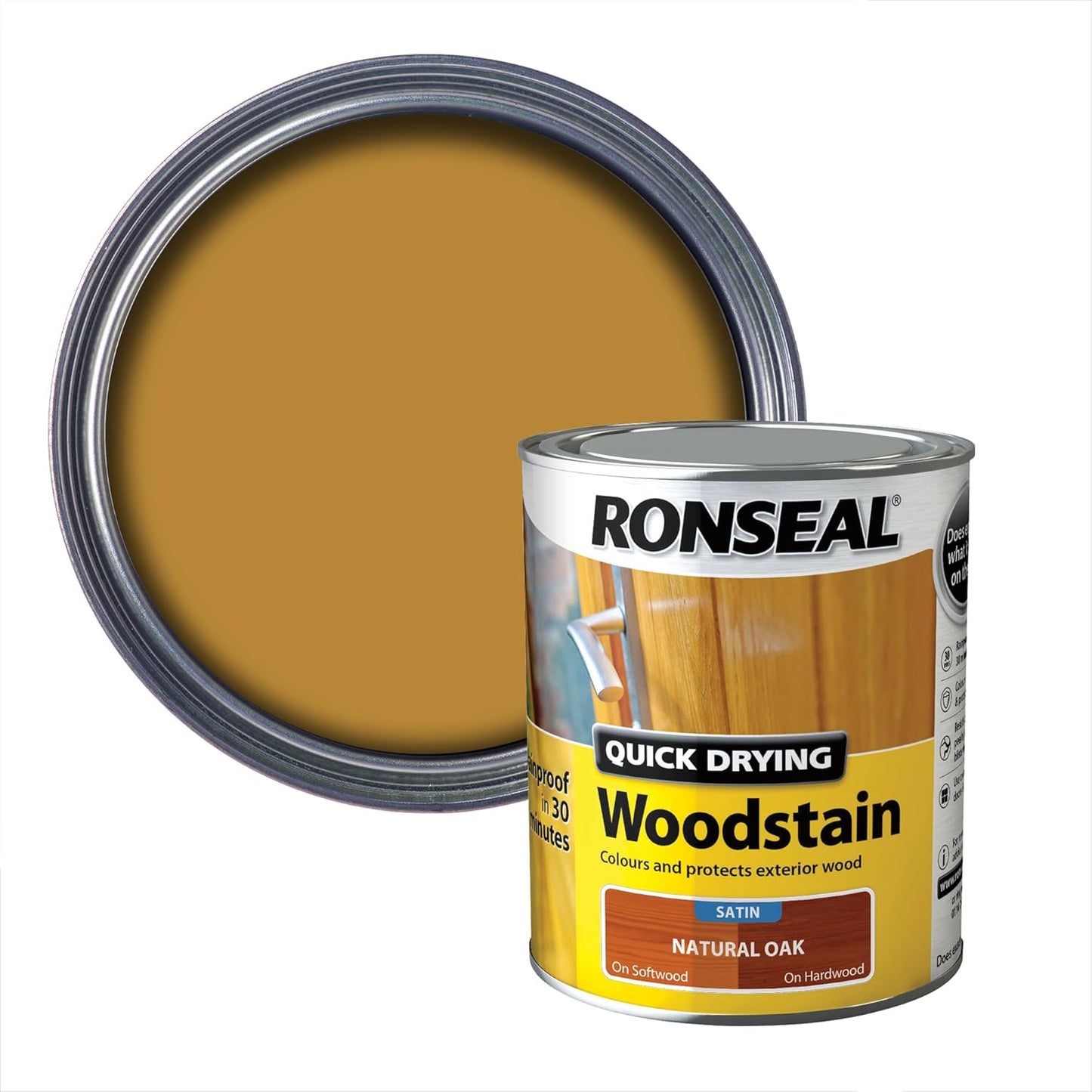 Ronseal Natural Oak Satin Woodstain | Soft or Hard Wood | Quick Drying | 250ml