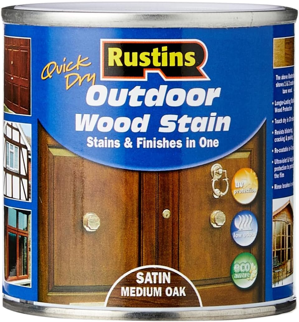 Rustins Quick Dry Outdoor Wood Stain Satin Medium Oak 500Ml