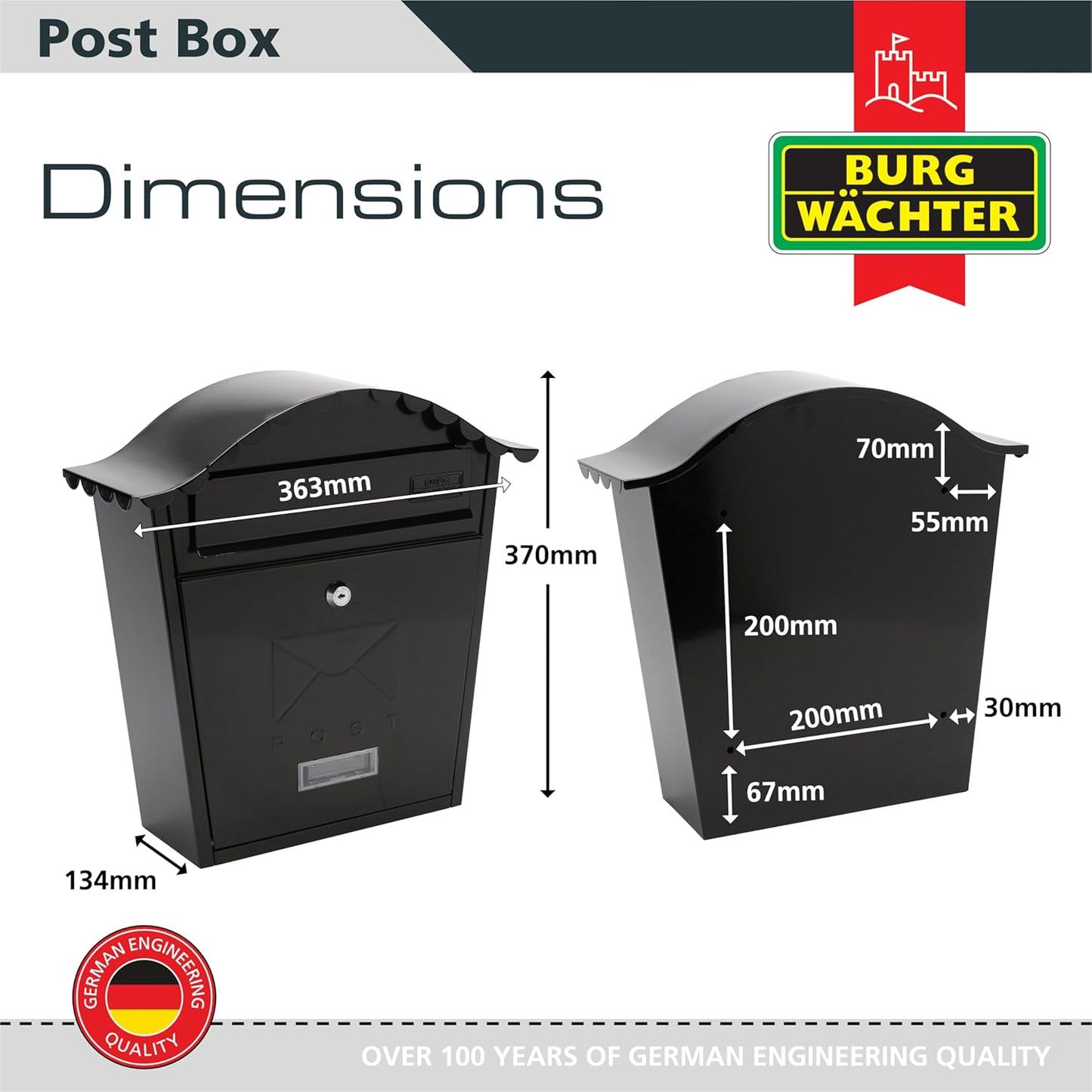 Burg-Wachter Black Classic Wall Mounted Galvanised Steel Lockable Weatherproof Post Box