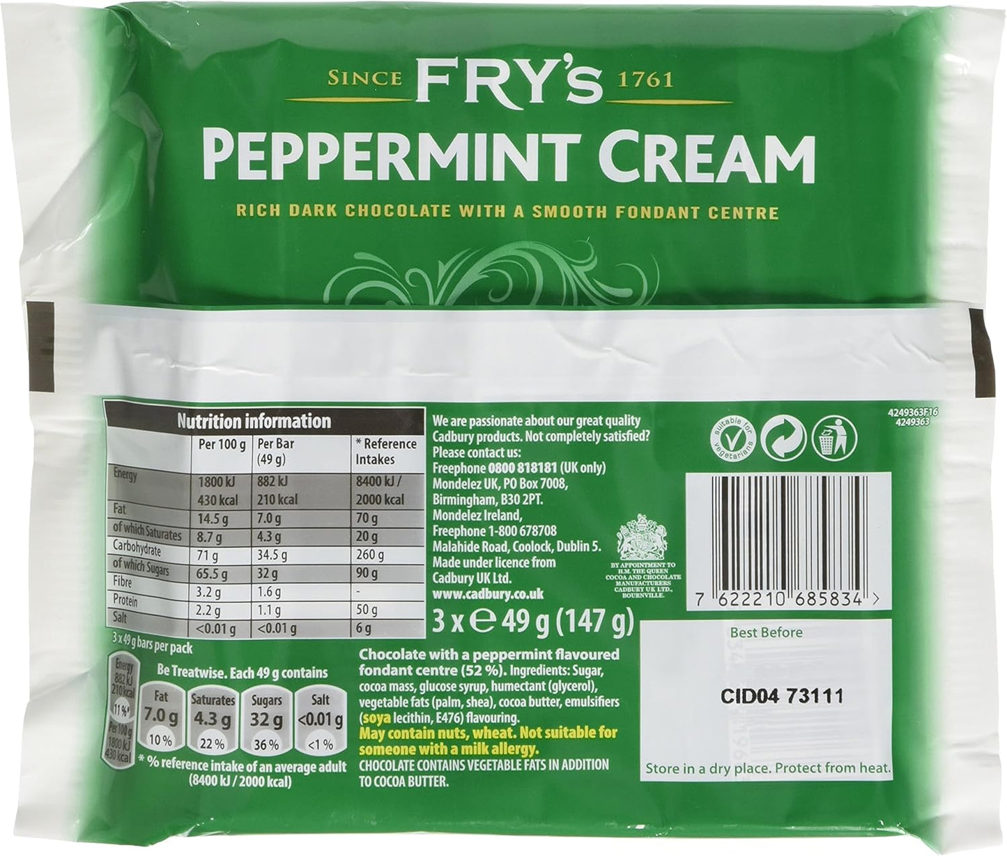 Fry's Chocolate Mint Cream | Dark Chocolate Bars with Peppermint Cream Fondant | 3 x 49g | 16 x 157g Full Case