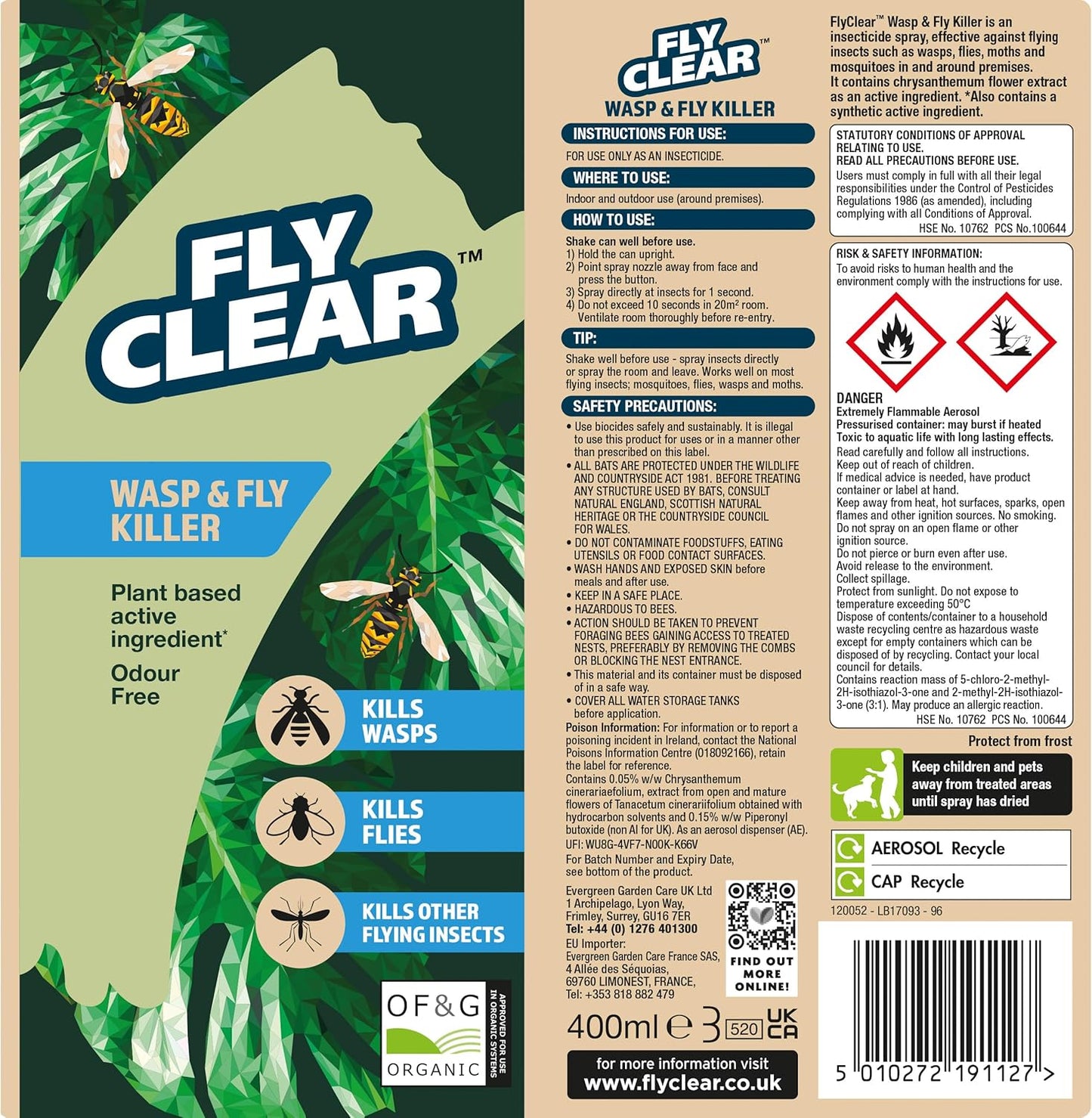 Fly Clear Wasp & Fly Killer | Plant Based | an Evergreen product | 400ml Spray