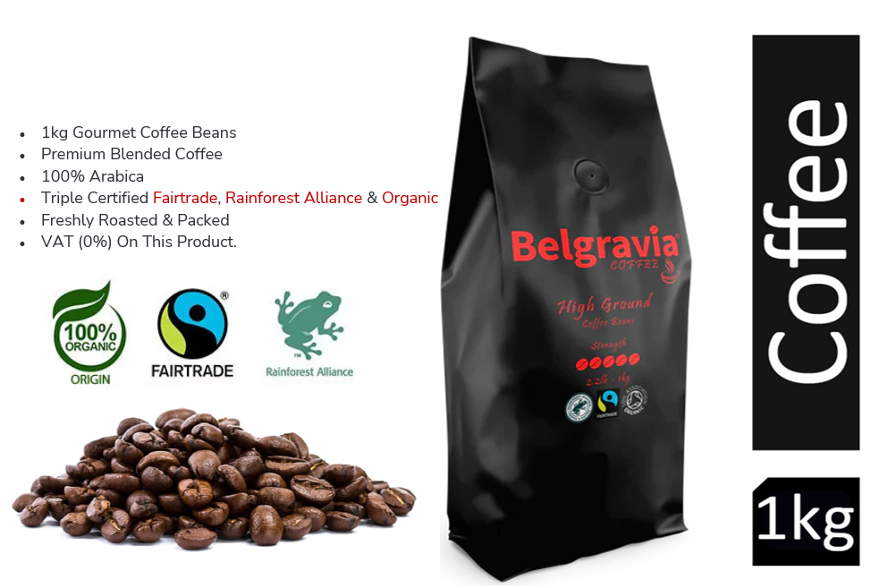 Belgravia High-Ground Blend Fairtrade Organic Coffee Beans 1kg (100% Arabica)