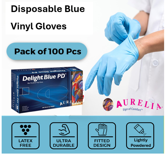 Aurelia DELIGHT Blue PD - Powdered Vinyl Examination Gloves -100's - ALL SIZES