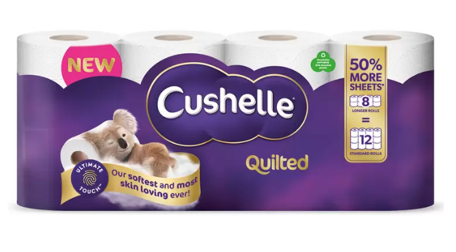 Cushelle Quilted 3-Ply Toilet Rolls 50% Longer Rolls (Pack of 8=12)