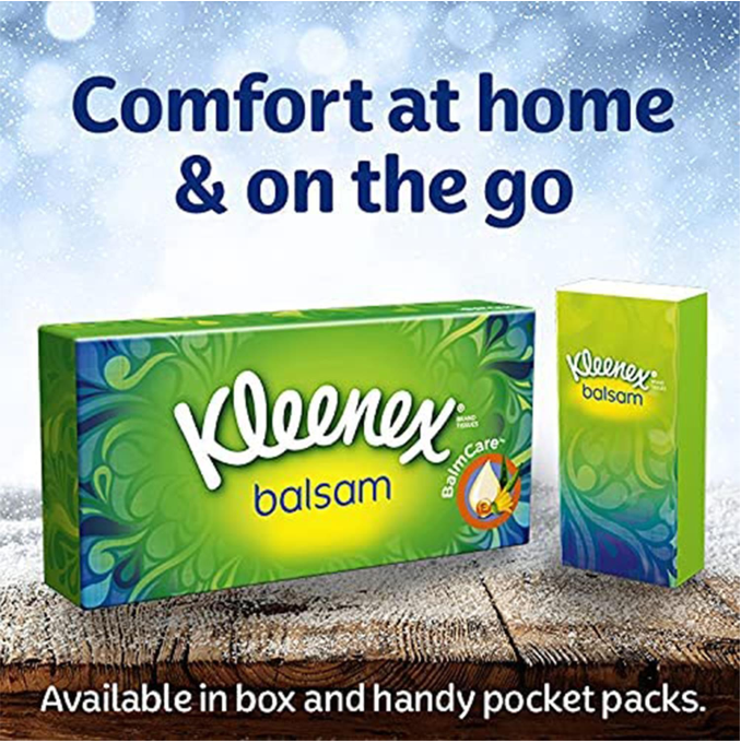 Kleenex Balsam Facial Tissues 64 Tissues Box, For Everyday Use Aloe Vera