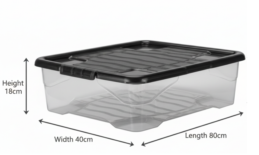 Strata Curve Clear Plastic Storage Box U/Bed 42 Litre (Black Lid) (HW209)