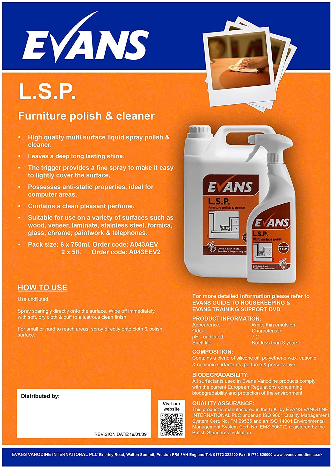 Evans L.S.P. Perfumed Furniture Polish and Window Cleaner Spray Bottle 750ml - NWT FM SOLUTIONS