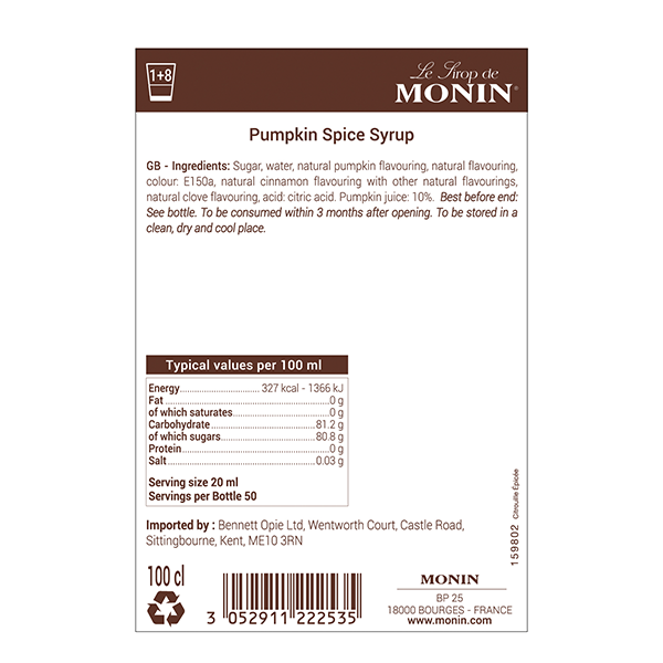 Monin Pumpkin Spice Coffee Syrup 1 Litre