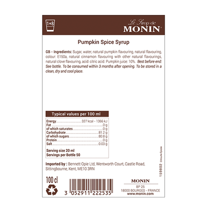 Monin Pumpkin Spice Coffee Syrup 1 Litre