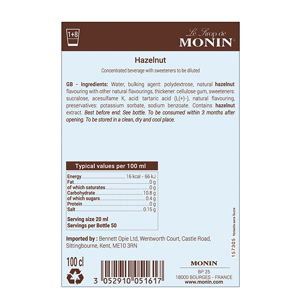 Monin Sugar Free Hazelnut Coffee Syrup 1 Litre