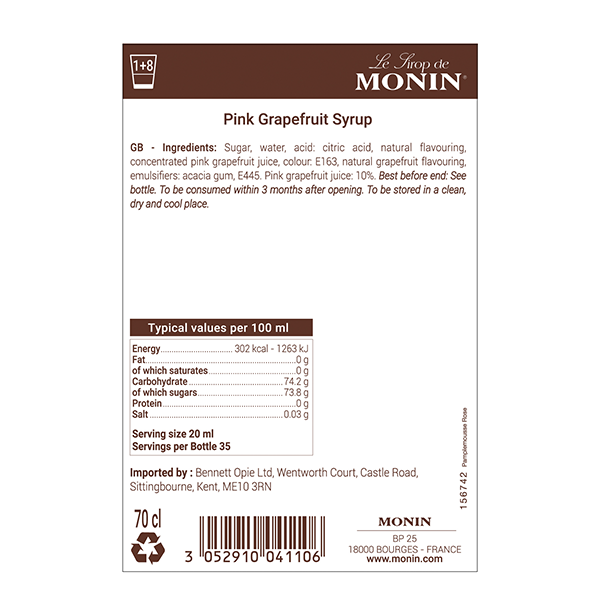 Monin Pink Grapefruit Coffee Syrup 700ml (Glass)