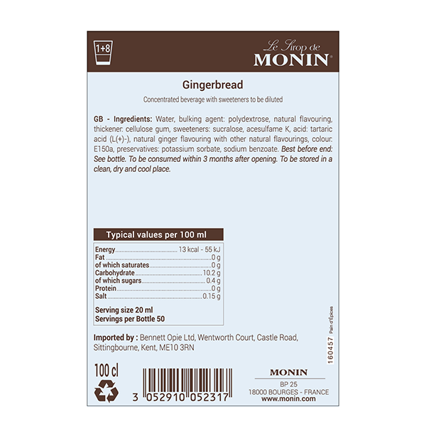 Monin Sugar Free Gingerbread Coffee Syrup 1 Litre