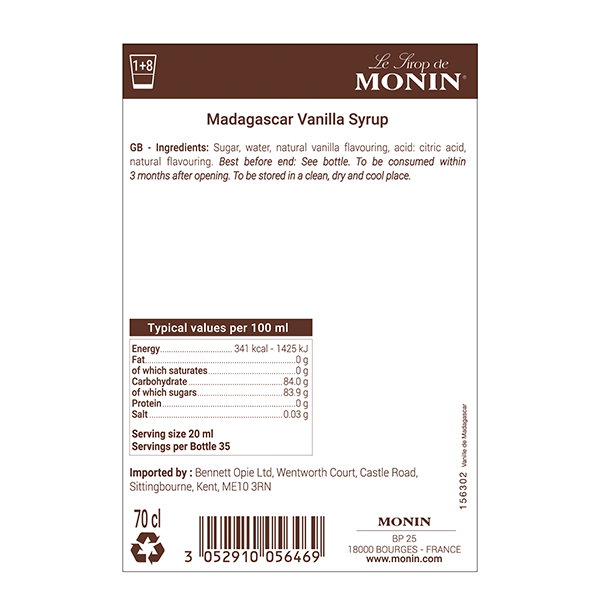 MONIN Vanilla Coffee Syrup 700ml (Glass Bottle)