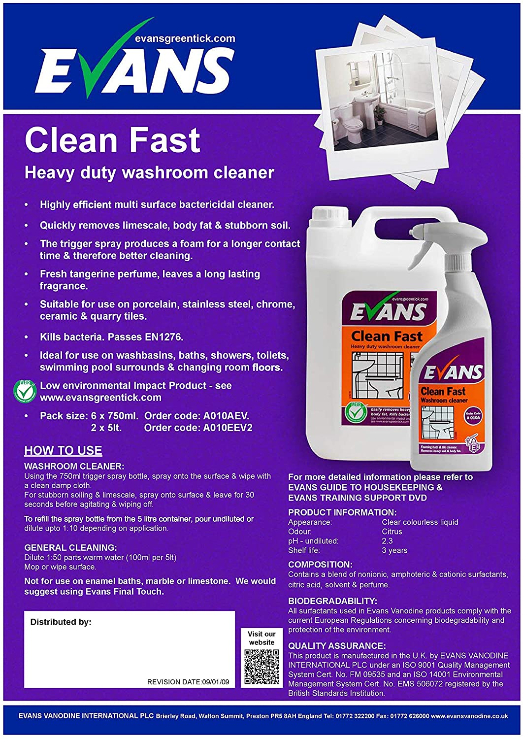 Evans Vanodine Clean Fast Washroom Cleaner 750ml - NWT FM SOLUTIONS