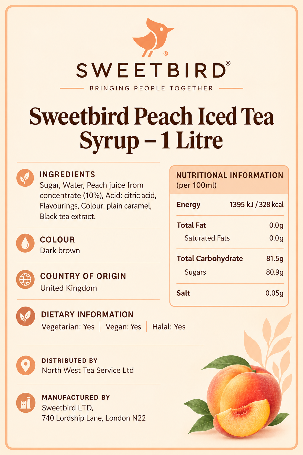 Sweetbird Peach Iced Tea Syrup 1litre (Plastic)