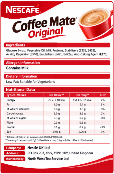 Nestle Coffee-Mate 550g (Resealable plastic lid, doesn't require refrigeration)