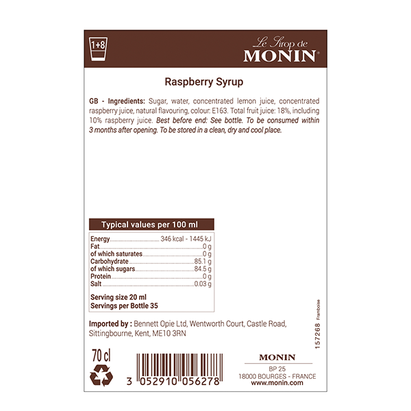 Monin Raspberry Coffee & Cocktail Syrup 700ml (Glass Bottle)