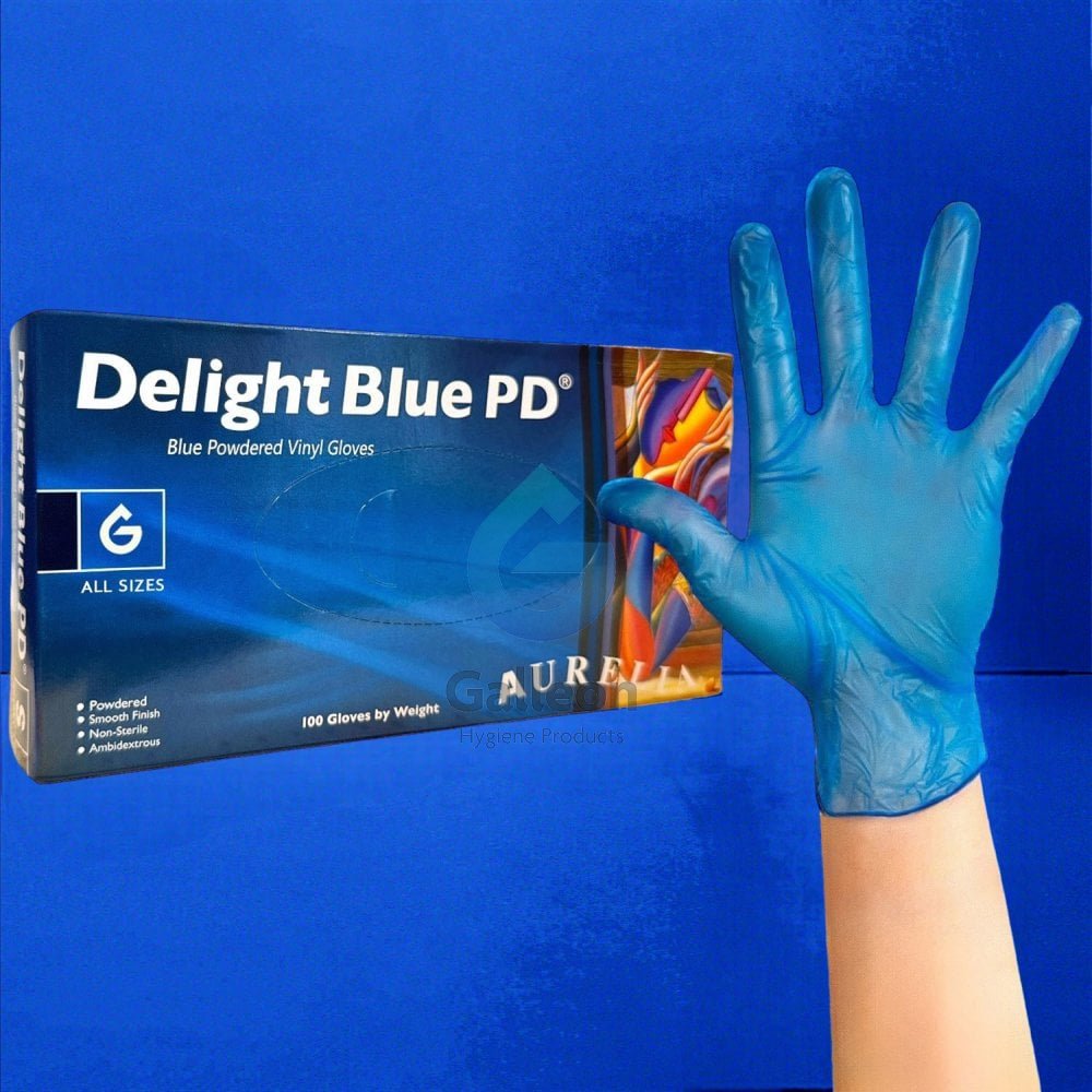 Aurelia DELIGHT Blue PD - Powdered Vinyl Examination Gloves -100's - ALL SIZES