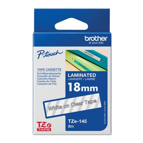 Brother P-Touch TZe Laminated Tape Cassette 18mm x 8m White on Clear Tape TZE145
