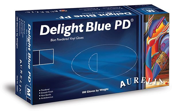 Aurelia DELIGHT Blue PD - Powdered Vinyl Examination Gloves -100's - ALL SIZES