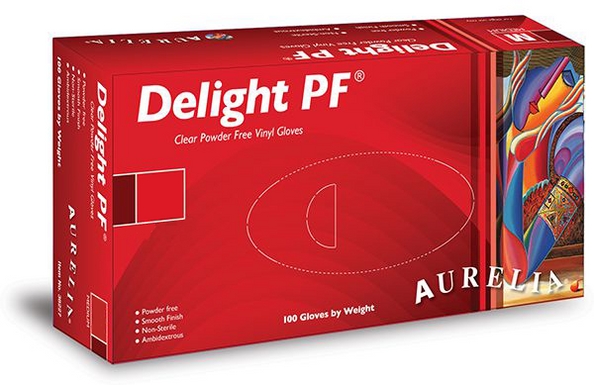 Aurelia DELIGHT Powder Free Clear Disposable Vinyl Gloves, Boxed 100 ALL SIZES