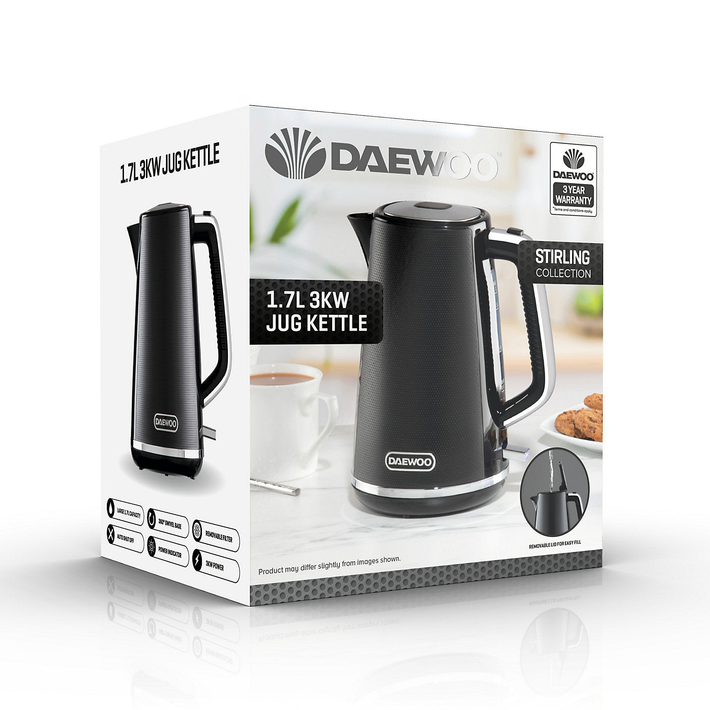 Daewoo Stirling Jug Kettle 1.7L Cordless Swivel Base 3KW Rapid Boil Black SDA2630GE