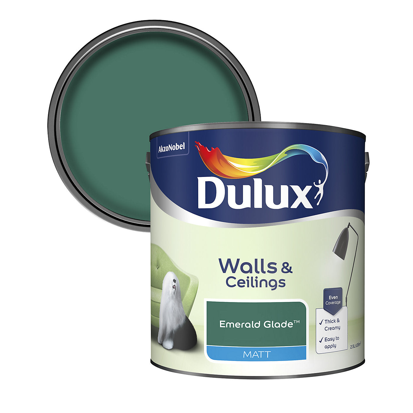 Dulux Walls & Ceilings Matt Emulsion Paint, Emerald Glade, 2.5 Litres