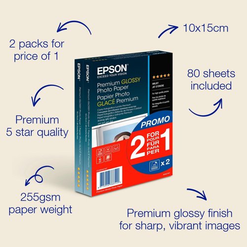 Epson Premium Glossy Photo Paper 100x150mm 255gsm 2-for-1 (Pack of 40 + 40 Free) C13S042167