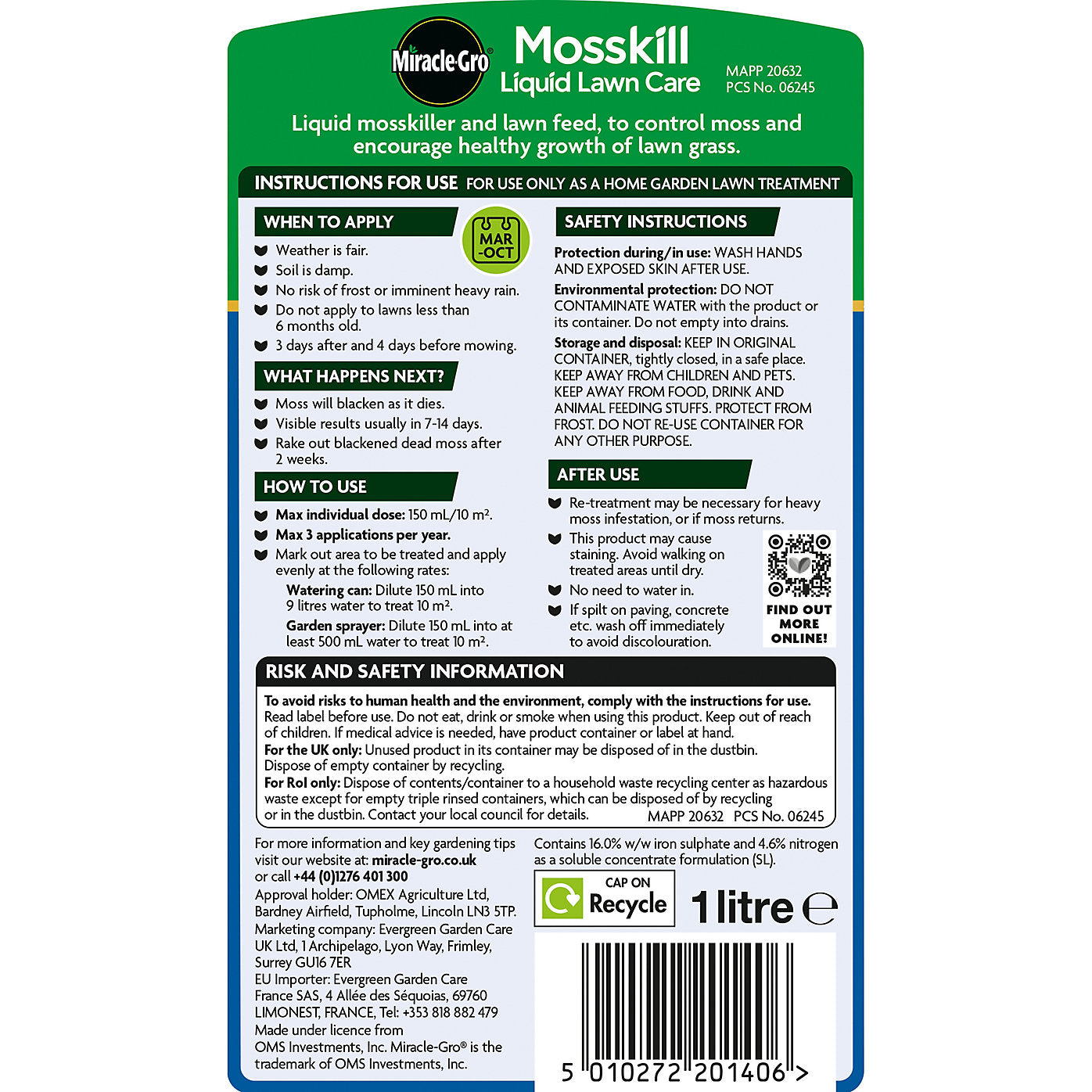 Miracle-Gro Mosskill Liquid Lawn Care, 1 Litre Concentrate, 67 M² Coverage