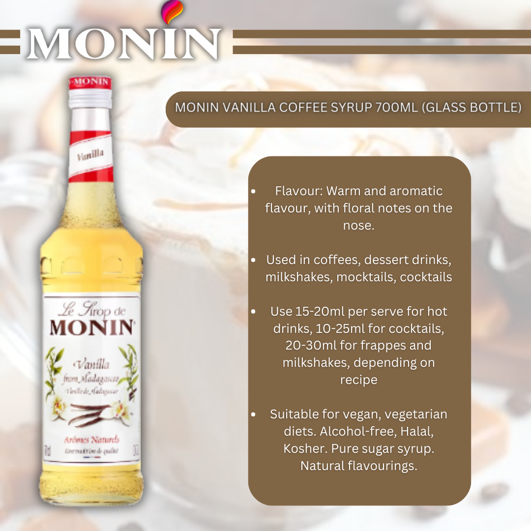 MONIN Vanilla Coffee Syrup 700ml (Glass Bottle)