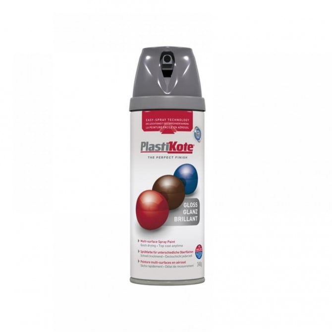 Plastikote Twist & Spray Paint Premium Gloss Medium Grey 400ml | Multi Surface Use