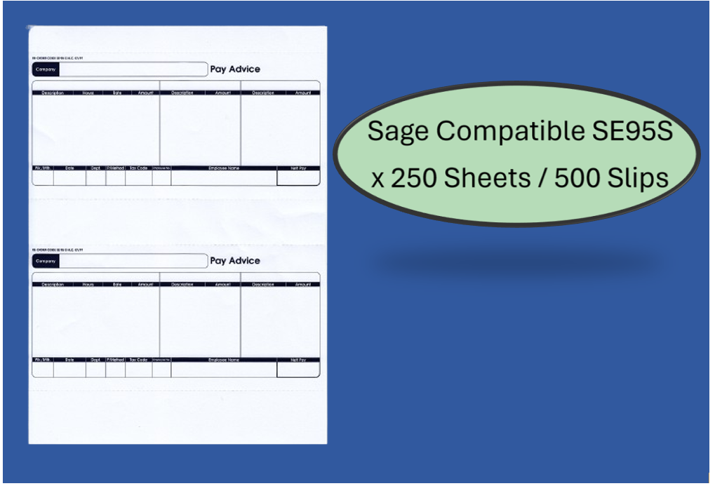 Sage (SE95S) Compatible 1-Part Laser Pay Advice Forms 250 Sheets/500 Payslips