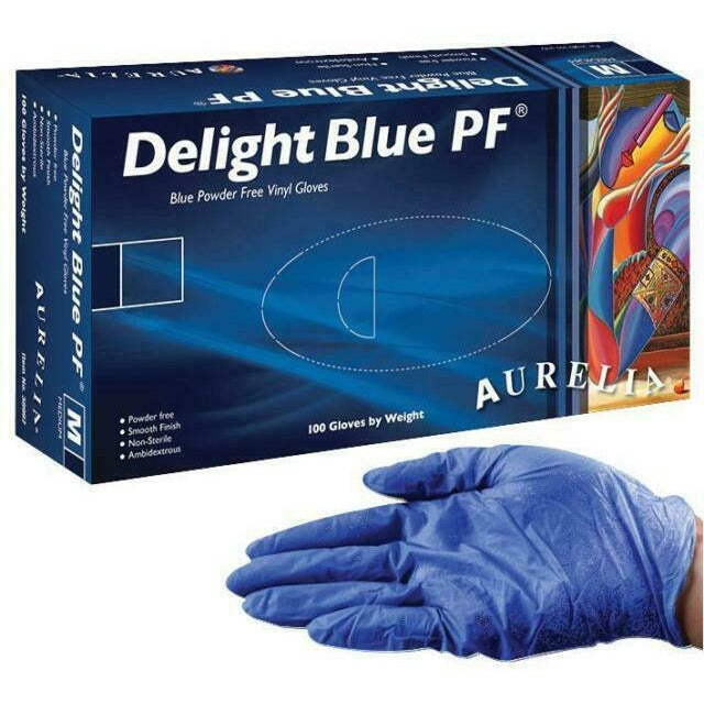 Aurelia DELIGHT Blue Powder Free Vinyl Gloves Boxed 100 ALL SIZES
