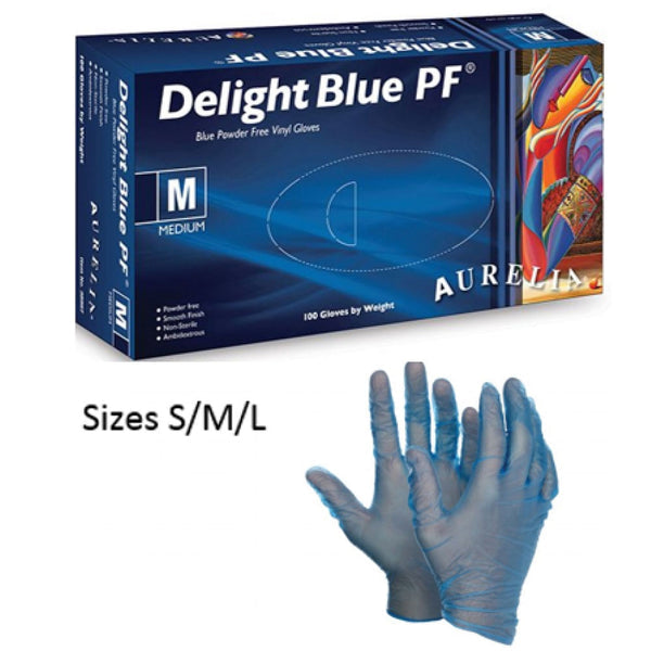 Aurelia DELIGHT Blue Powder Free Vinyl Gloves Boxed 100 ALL SIZES