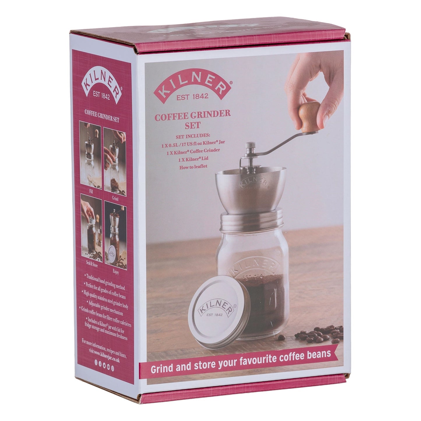 Kilner Branded Coffee Grinder Set with Glass Screw Top Storage Jar 500ml