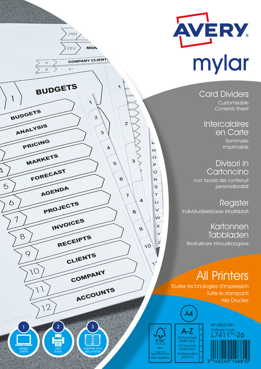 Avery Mylar Divider A-Z A4 Punched 150gsm White Card with White Mylar Tabs 05231061 - NWT FM SOLUTIONS - YOUR CATERING WHOLESALER
