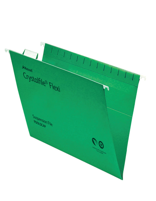 Rexel Crystalfile Flexi Foolscap Suspension File Manilla 15mm V Base Green (Pack 50) 3000040 - NWT FM SOLUTIONS - YOUR CATERING WHOLESALER