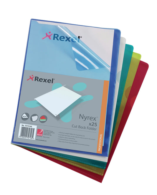 Rexel Nyrex Cut Back Folder Polypropylene A4 120 Micron Assorted (Pack 25) 12131AS - NWT FM SOLUTIONS - YOUR CATERING WHOLESALER