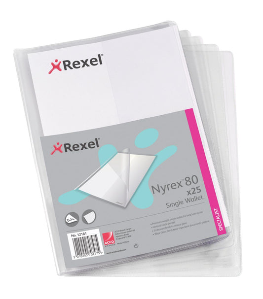 Rexel Nyrex Single Wallet with Pocket PVC A4 180 Micron Clear (Pack 25) 12181 - NWT FM SOLUTIONS - YOUR CATERING WHOLESALER