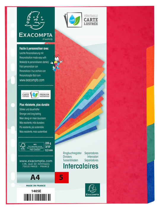 Exacompta Divider 5 Part A4 225gsm Pressboard Assorted Colours - 1405E - NWT FM SOLUTIONS - YOUR CATERING WHOLESALER