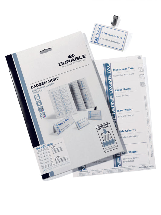 Durable Badgemaker Inserts 54x90mm 150gsm White (Pack 200) 145502 - NWT FM SOLUTIONS - YOUR CATERING WHOLESALER