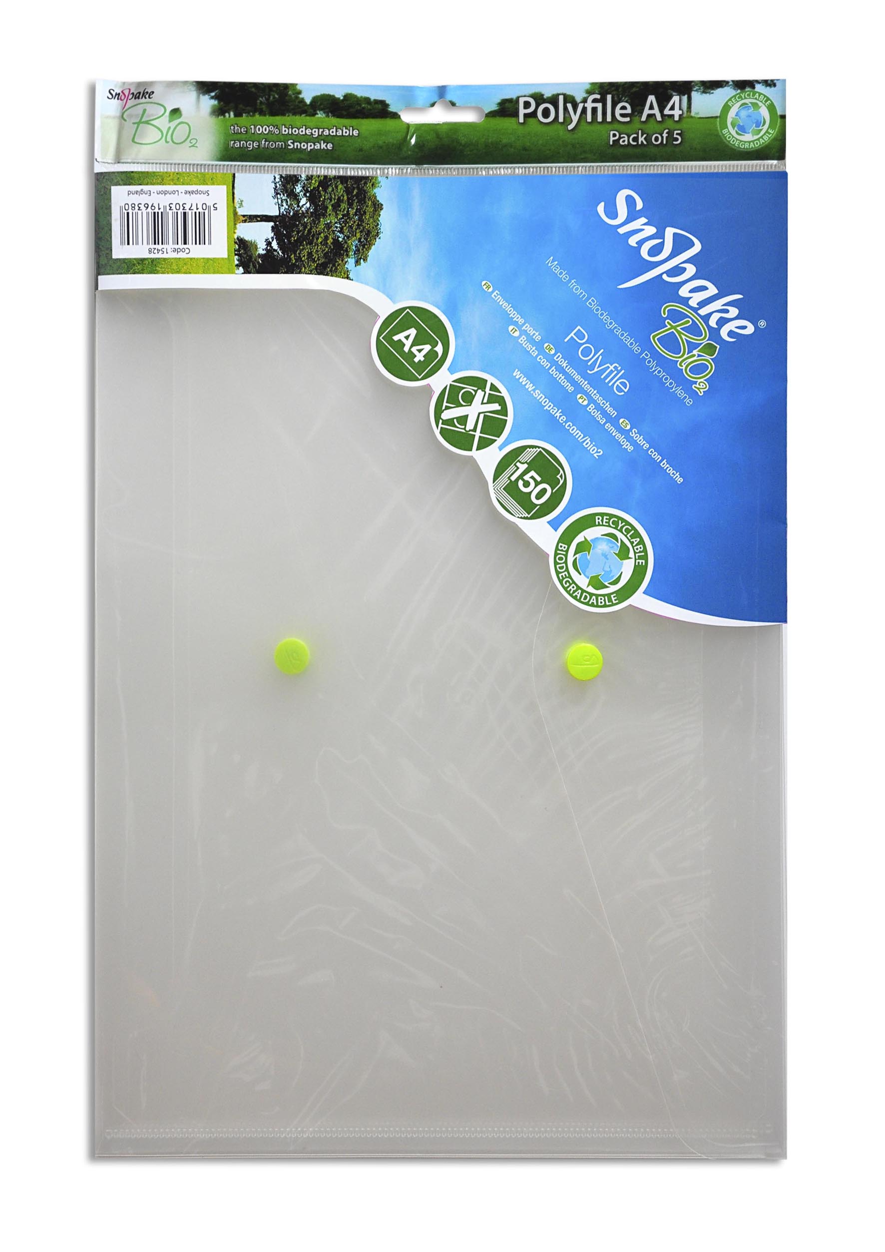 Snopake Bio Polyfile Wallet File Polypropylene A4 Clear (Pack 5) - 15428 - NWT FM SOLUTIONS - YOUR CATERING WHOLESALER
