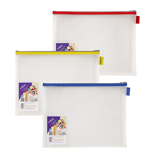 Snopake Mesh Zippa Bag EVA Foolscap 300 Micron Assorted Colours (Pack 3) - 15819 - NWT FM SOLUTIONS - YOUR CATERING WHOLESALER