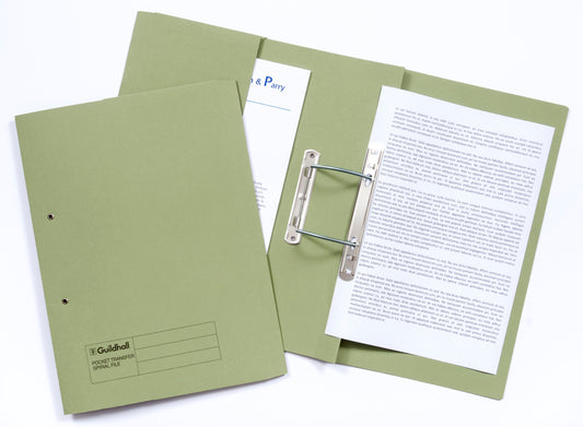 Guildhall Spring Pocket Transfer File Manilla Foolscap 420gsm Green (Pack 25) - 211/6002Z - NWT FM SOLUTIONS - YOUR CATERING WHOLESALER