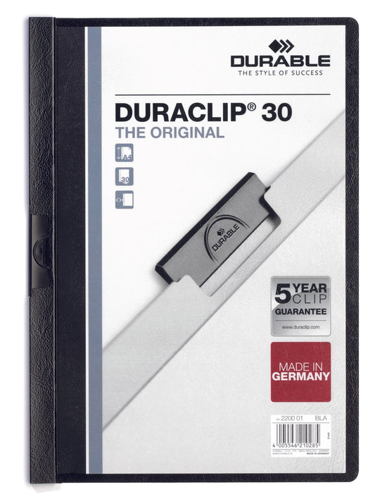 Durable Duraclip 30 Report File 3mm A4 Black (Pack 25) 220001 - NWT FM SOLUTIONS - YOUR CATERING WHOLESALER