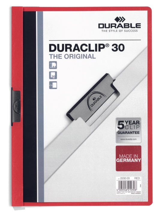 Durable Duraclip 30 Report File 3mm A4 Red (Pack 25) 220003 - NWT FM SOLUTIONS - YOUR CATERING WHOLESALER